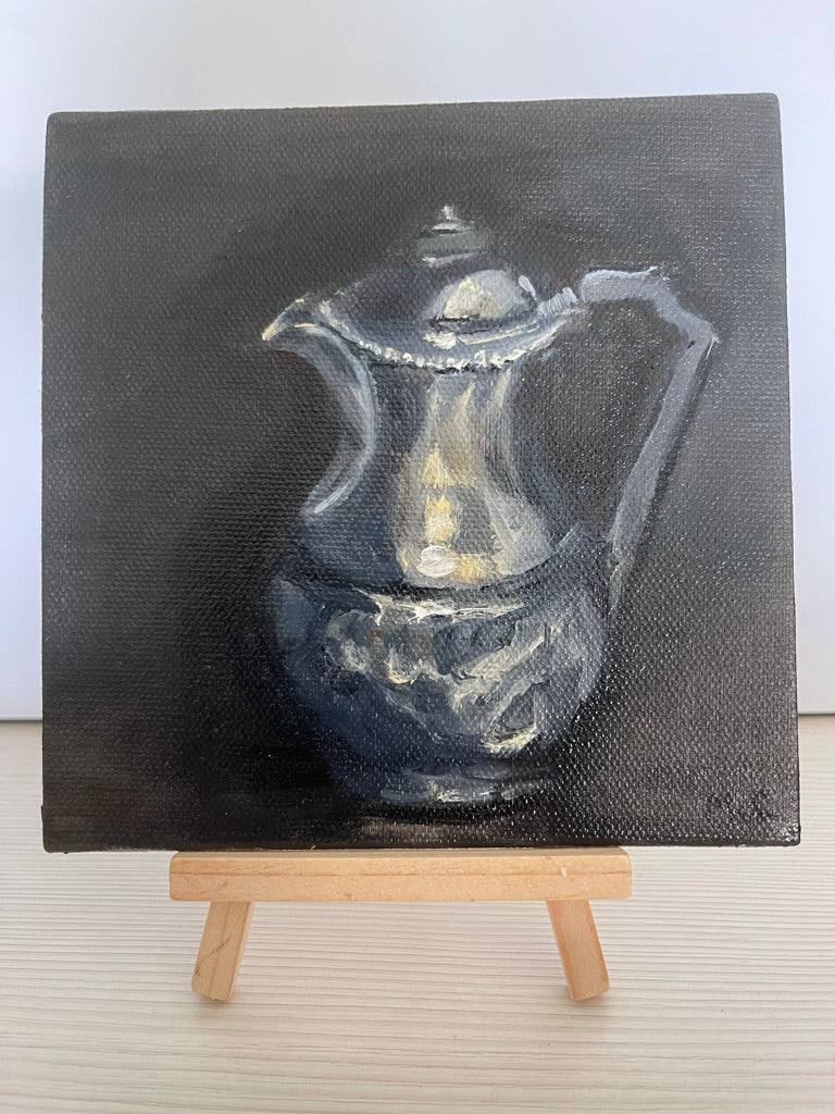 Silver Coffee Pot Still Life | Original Oil Painting | 6 x 6 inches with optional frame