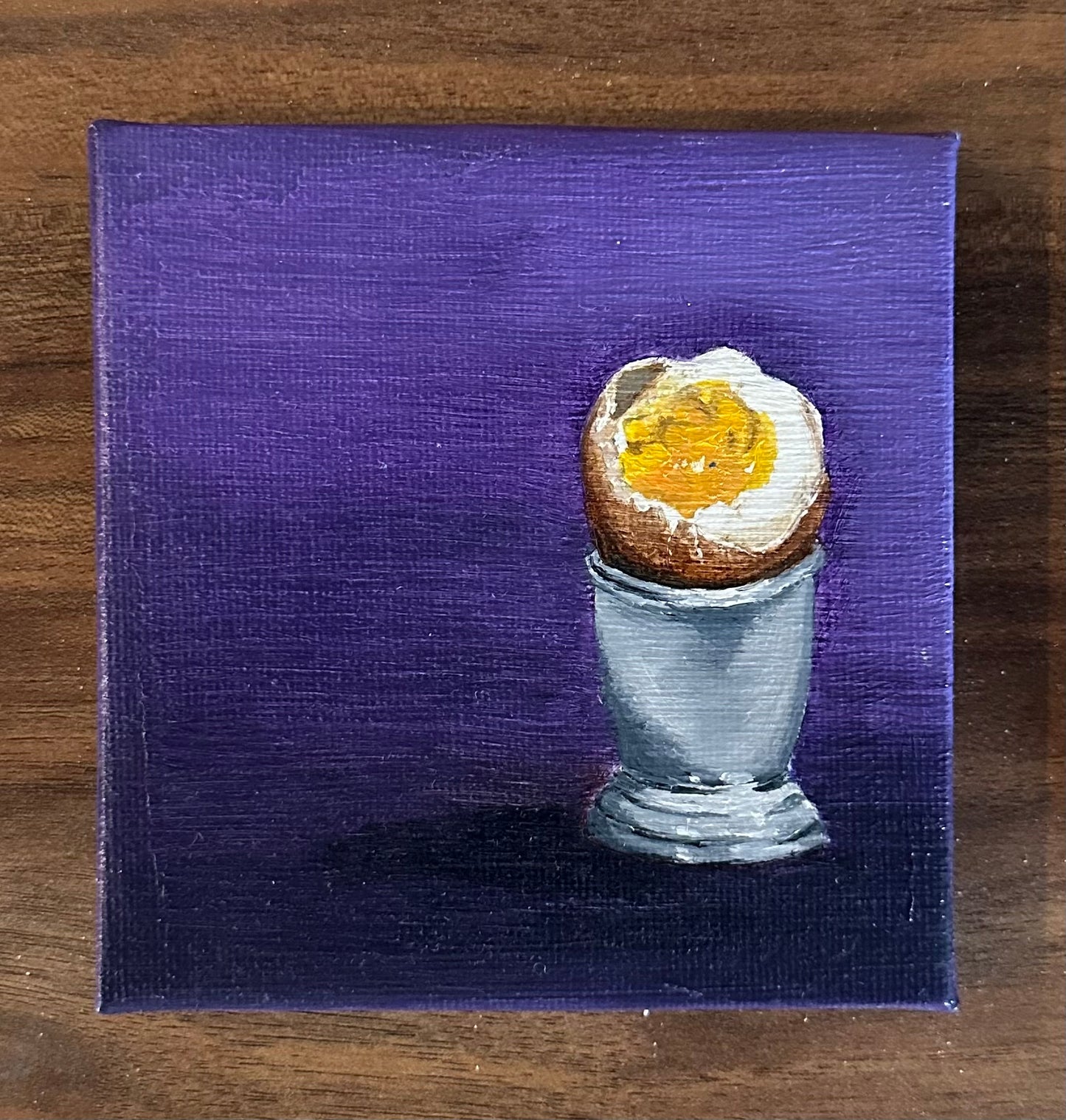 Boiled Egg on Purple Background Still Life | Original Oil Painting with mini wooden easel | 4 x 4 inches