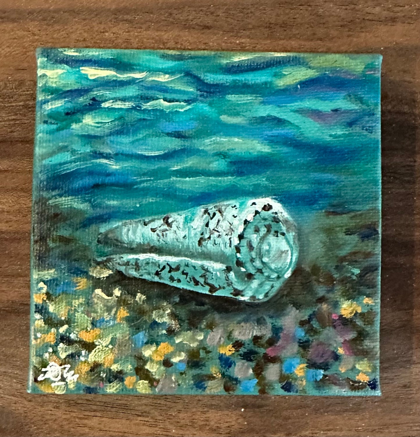 Seashell in Blue Ocean Still Life | Original Oil Painting with mini wooden easel | 4 x 4 inches