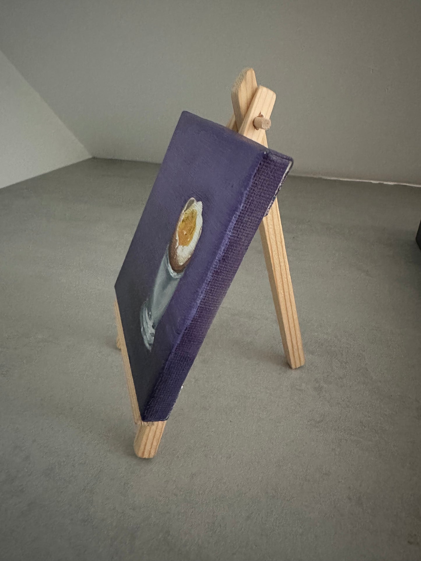 Boiled Egg on Purple Background Still Life | Original Oil Painting with mini wooden easel | 4 x 4 inches