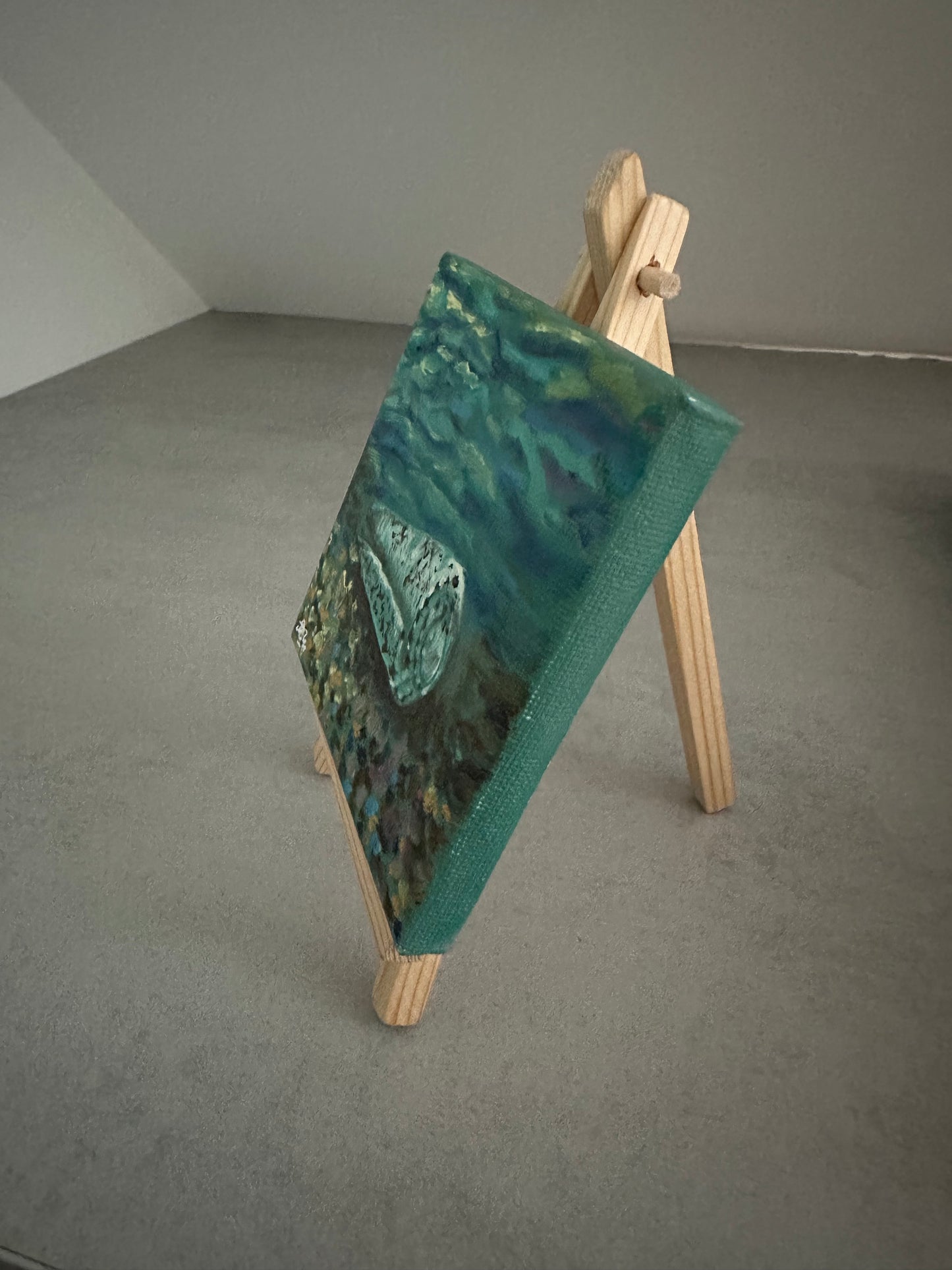 Seashell in Blue Ocean Still Life | Original Oil Painting with mini wooden easel | 4 x 4 inches