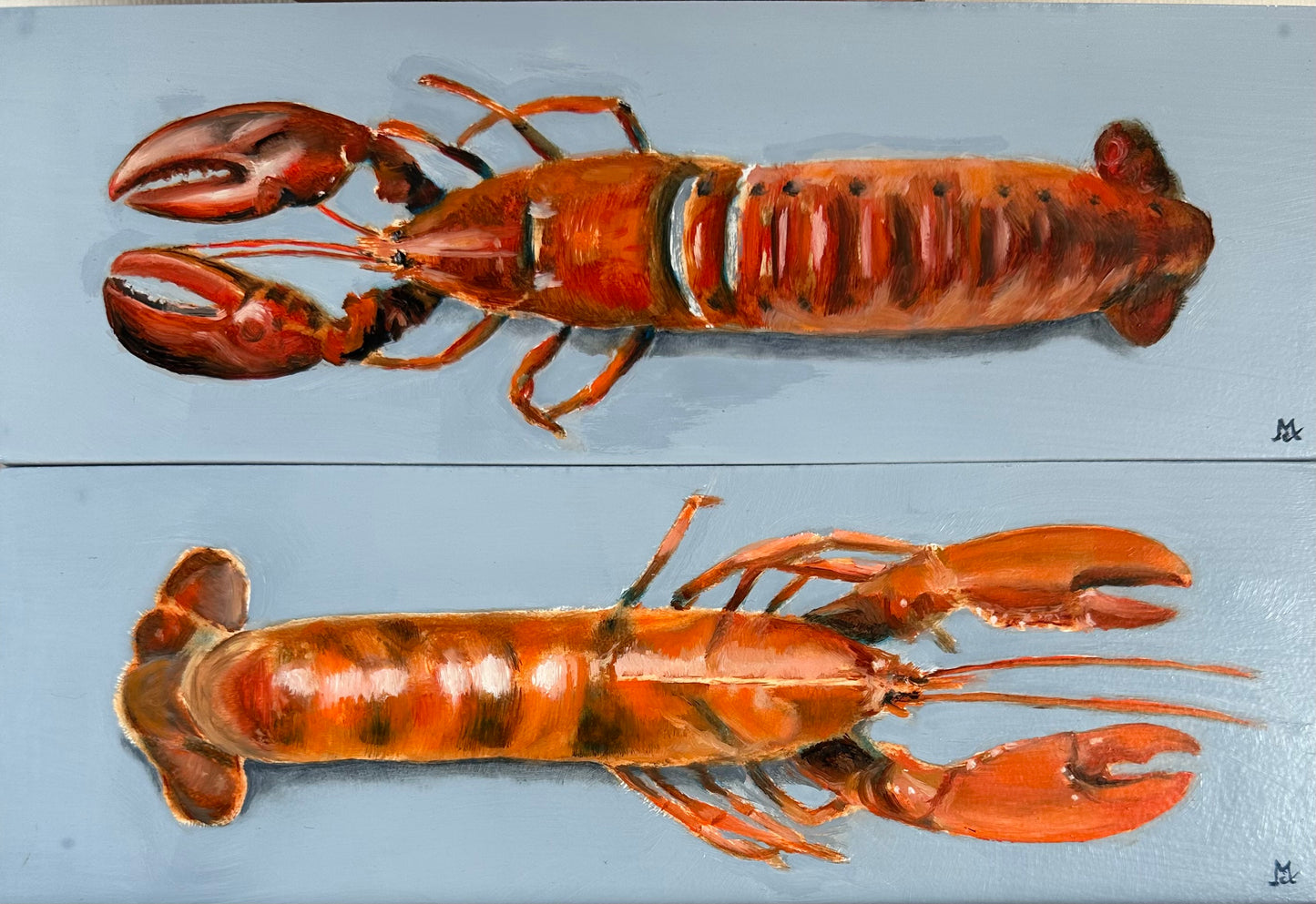 Original oil painting of a pair of lobsters on a blue background by Cotswold artist Susan McCraith