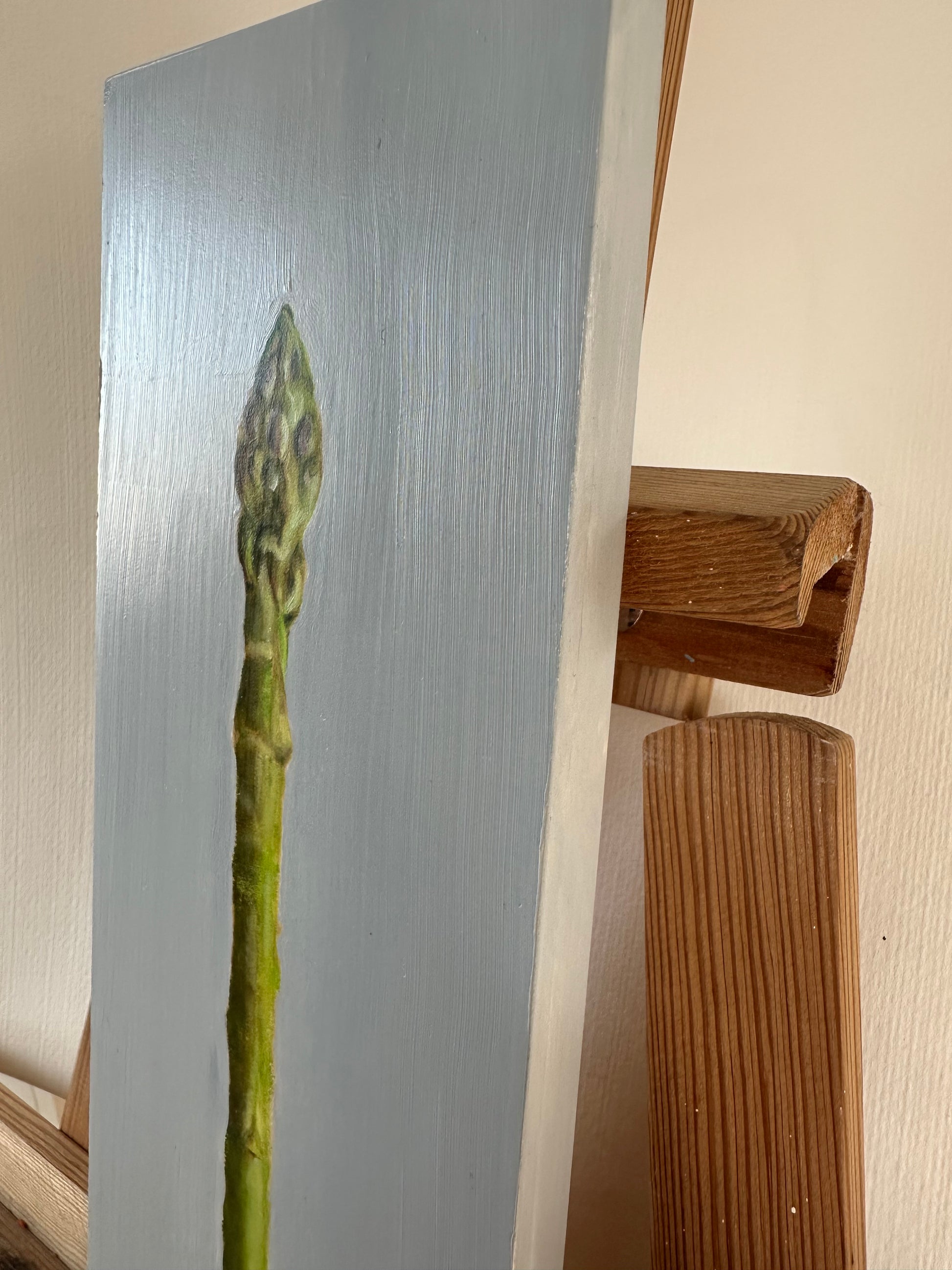 Original oil painting of an asparagus spear on a blue background by Cotswold artist Susan McCraith
