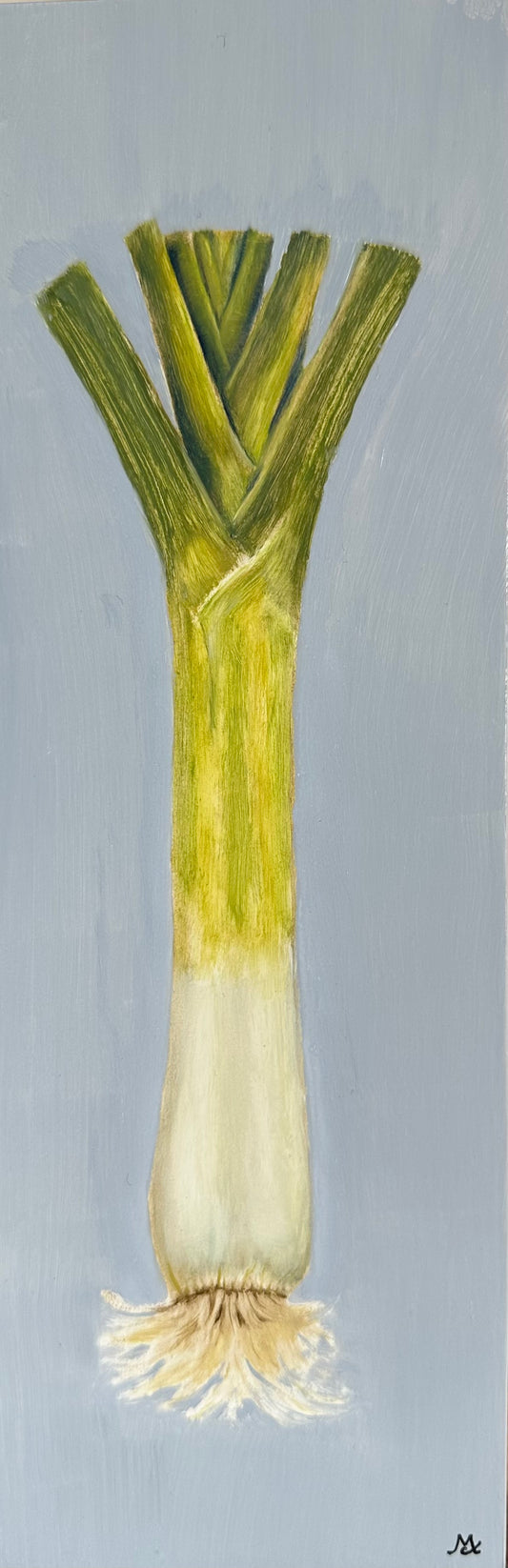 Original oil painting of a leek on a blue background by Cotswold artist Susan McCraith
