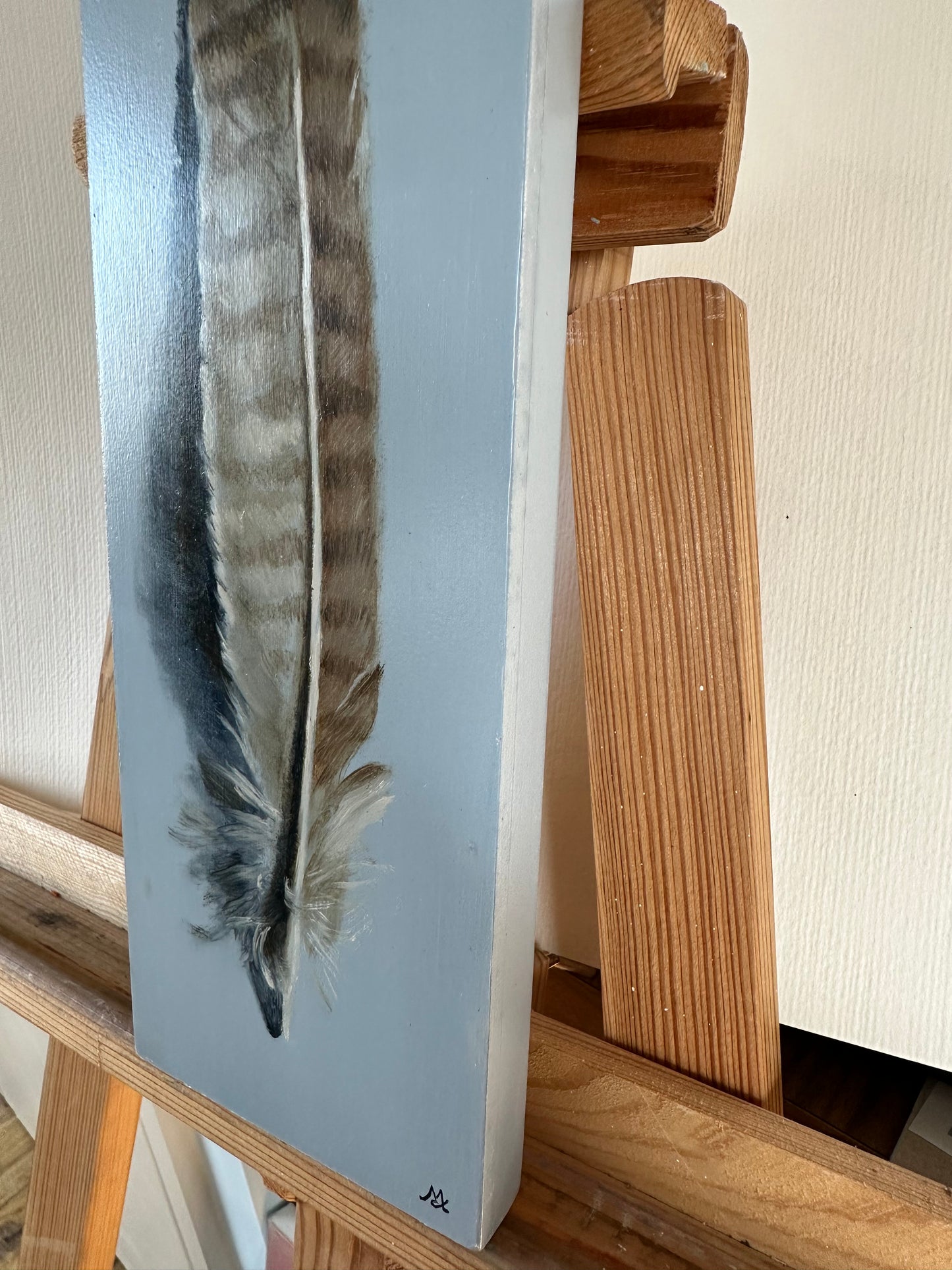 Original oil painting of a feather on a blue background by Cotswold artist Susan McCraith