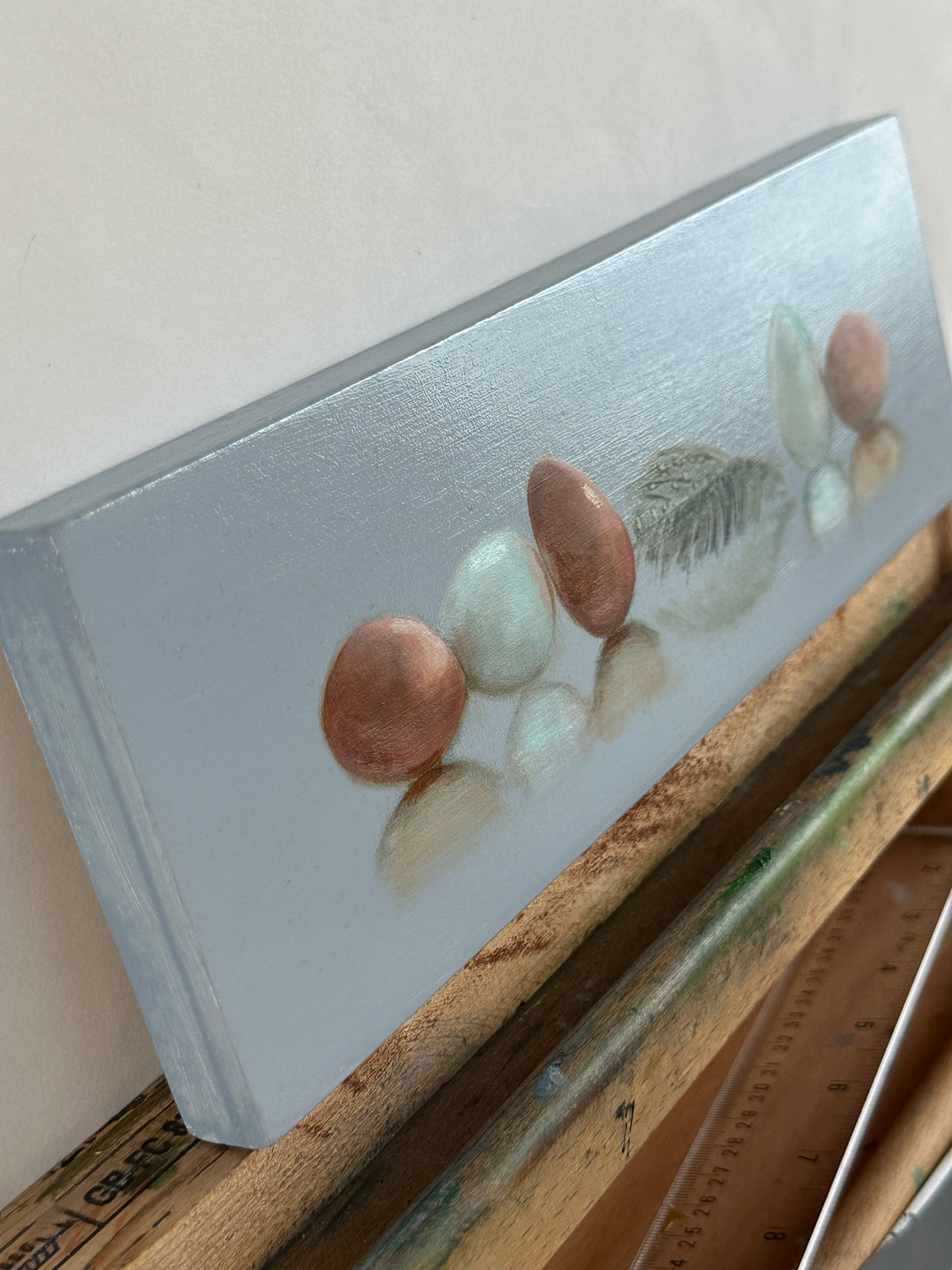 Eggs & Feather | Original Oil Painting | 4 x 12 inches