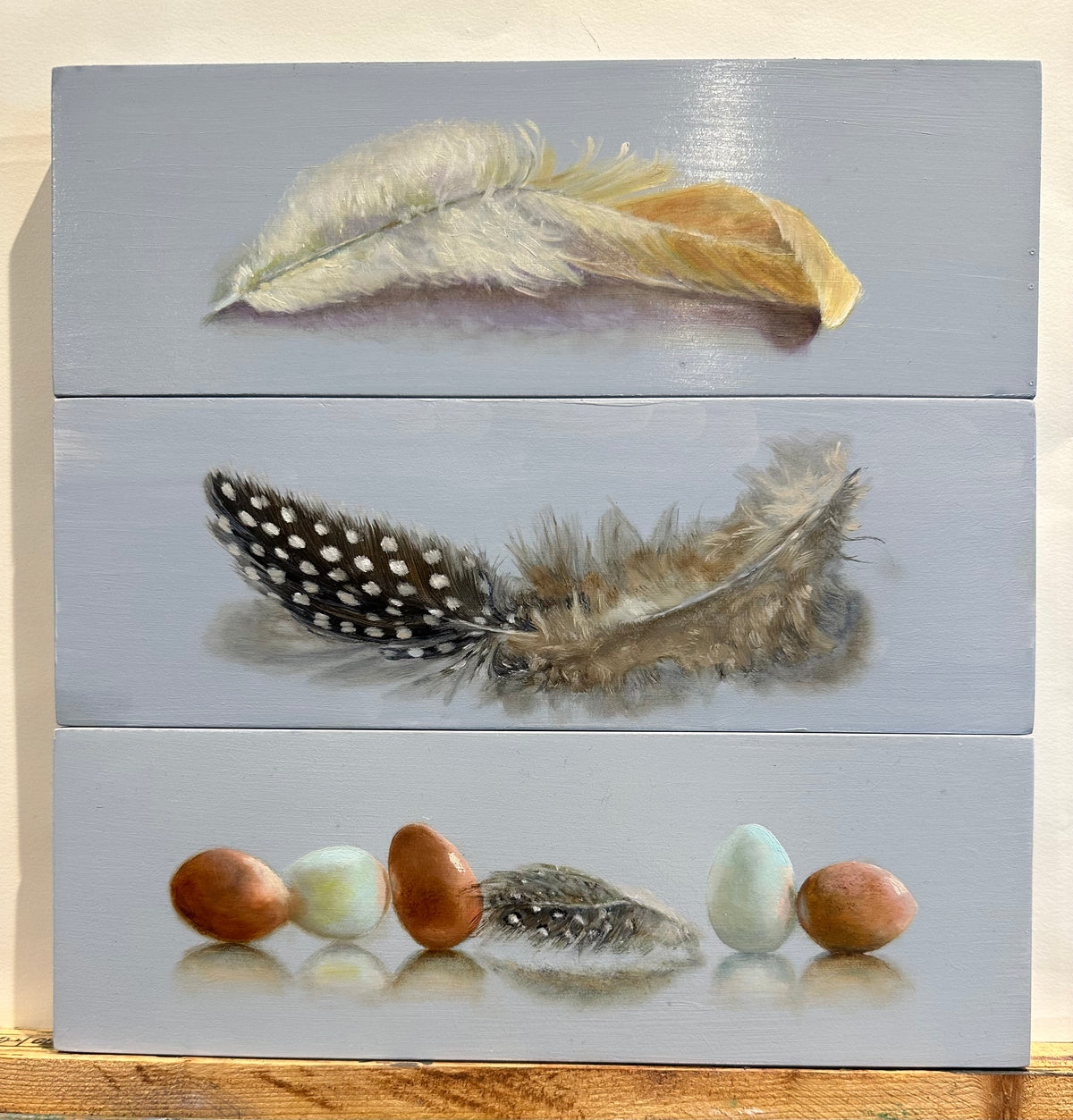 Eggs & Feather | Original Oil Painting | 4 x 12 inches