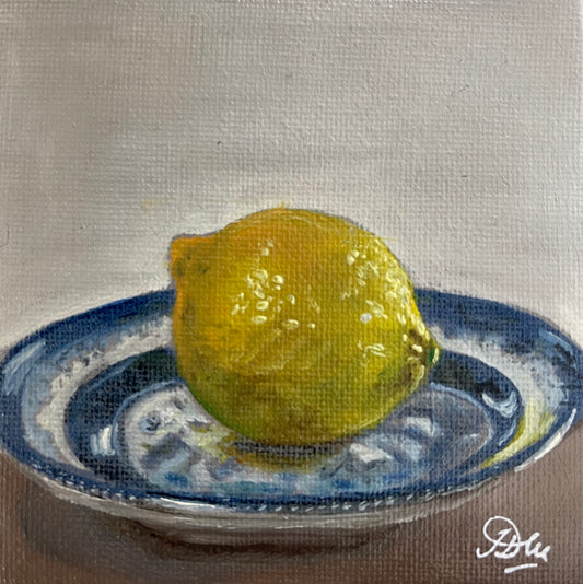 Lemon on a Blue Plate Still Life | Original Oil Painting | 4 x 4 inches