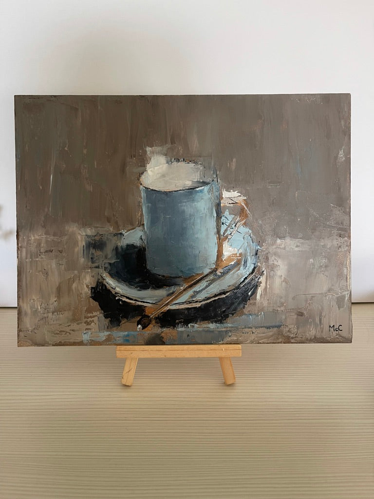 Blue Coffee Cup Contemporary Still Life | Original Oil Painting | 7 x 9.5 inches
