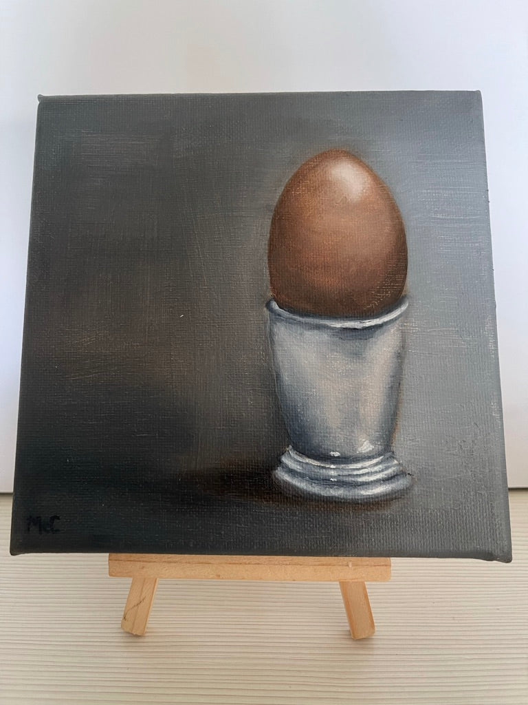 Boiled egg in a silver cup Still Life | Original Oil Painting | 6 x 6 inches with optional frame